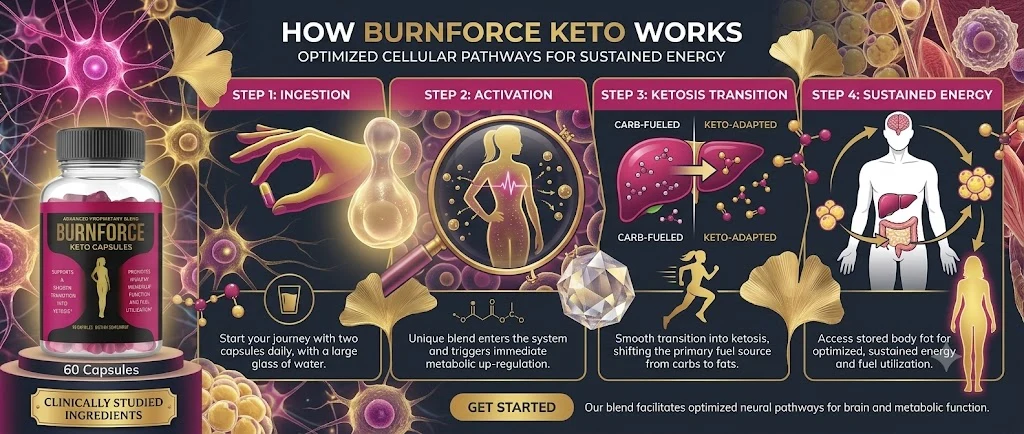 Burn Force how it works: ingestion, activation, ketosis transition and sustained energy, as shown in vendor graphics